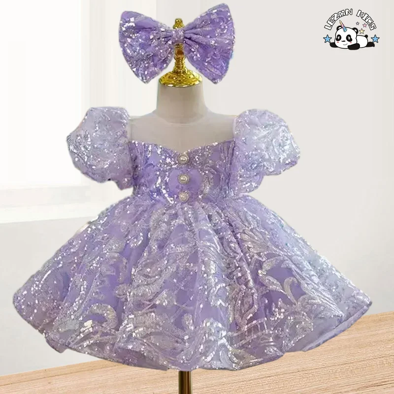 LEZONKIDS - Blue Sequin Girl's Dress Printed Tulle Crystal Bow Decorations Casual O-Neck Princess Style Performance Kids Skirt